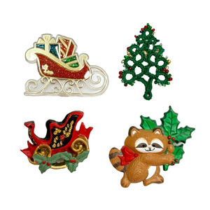 Lot of 4 Vintage Christmas Pins Holiday Brooches Hallmark-Sleigh-Racoon-Tree